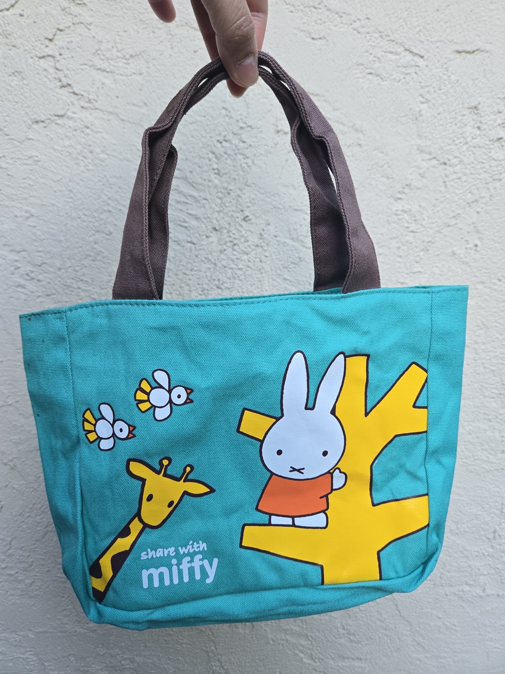 miffy Teal Tote with Yellow Graphic and Brown Handles